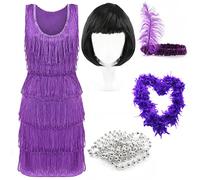 Purple Deluxe Flapper Dress - Large - Ladies Deluxe Purple Flapper Costume with Matching Sequin Headband, Silver Pearl Necklace, Feather Boa, Bob Wig - 1920's Party Dress