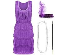 Purple Deluxe Flapper Dress - Medium - Ladies Deluxe Purple Flapper Costume with Matching Sequin Headband, Silver Pearl Necklace, Cigarette Holder - 1920's Party Dress