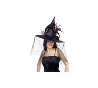 Smiffys Witch Hat, Purple with Feathers & Netting, Deluxe, Halloween Fancy Dress Accessory, Witch Dress Up Hats