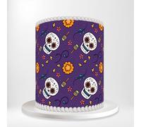 Purple Dia De Muertos Sugar Skulls Maracas Flowers Mexican Holiday Wrap Around Print A4 Edible Paper Icing Sheet Cake Topper Side Ribbon Border Decor for Personalised Themed Decorations