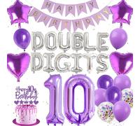 Purple Double Digits 10th Birthday Party - 53 Pieces Decorations Set With Banners, Star Hearts Balloons, Number 10 Foil Balloons and Cake Toppers for Girls