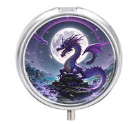 Purple Dragon Moon Pill Box - 3 Compartment Travel Pill Organizer with Small Mirror, Portable Pillcase for Pocket & Purse, Cute Round Medicine Case, Weekly Medicine Container