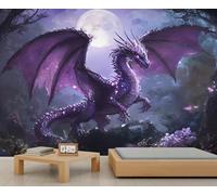 Purple Dragon Mural Forest Dragon Room Wallpaper Woodland Flower Animal Wallpaper Purple Sky Moon Bedroom Wall Mural Poster for Living Room Bedroom Kids Room Sofa TV Background Decor 390X260cm