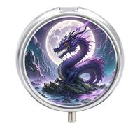 Purple Dragon Purple Moon Round Pill Box Cute Small Fish Oil Cases Portable 3 Compartment Pill Boxes Round Pill Case with Mirror for Vitamins Medication Supplements Gift