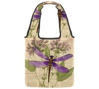 Purple Dragonfly Antique Botanical Wildflowers Floral Herbs Canvas Tote Bag for Women, Reusable Grocery Shopping Cloth Bag with Wide Handle