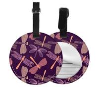 Purple Dragonfly Print Round Luggage Tag 10 Cm, Pu Leather Suitcase Label, Luggage Tags for Cruise Ships Suitcase Tags Beach Malibu Print Privacy Cover Id Label