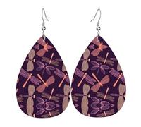 Purple Dragonfly Printed Teardrop Pendant Leather Earrings | Lightweight and Versatile Earrings | Suitable for Daily Commute and Date Wear