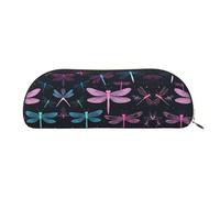 Purple Dragonfly Stylish Leather Half Moon Cosmetic Bag Printed PVC Cross Grain Leather Pouch for Pens, Makeup Essentials Compact Organizer for Travel, School Office
