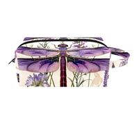 Purple Dragonfly Wildflowers Floral Herbs Antique Botanical Women’s Leather Cosmetic Bag Pouch with Handle, Waterproof Hanging Toiletry Travel Bag, Small Pencil Case for Kids