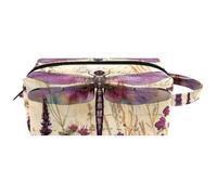 Purple Dragonfly Wildflowers Floral Herbs Antique Pattern Women’s Leather Cosmetic Bag Pouch with Handle, Waterproof Hanging Toiletry Travel Bag, Small Pencil Case for Kids