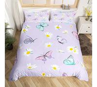 Purple Duvet Cover Set Double Size, Daisy Flower Butterfly Bedding Set 3pcs for Kids Boy Girls Room Decor, Botanical Garden Artwork Comforter Cover Soft Polyester Quilt Cover with 2 Pillowcases