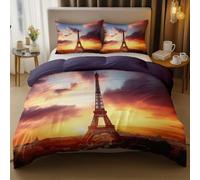 Purple Easy Care Printed Duvet Cover Set - Breathable Stylish Comforter Reversible Quilted Bedding Bed Sets Super King, Scenery Eiffel Tower Sunset Quilt Cover With Pillowcases
