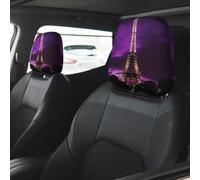Purple Eiffel Tower Car Seat Headrest Cover 2 PCS, Soft Stretchable Fabric Car Head Rest Protector Dustproof Removable Car Headrest Covers Universal Vehicle Accessories