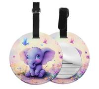 Purple Elephant Round Luggage Tag 4PCS Cute Bird PU Leather Travel Bag Tag ID Labels Name Card Holder wtih Buckle for Luggage Suitcase Backpacks