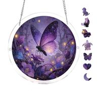Purple Enchanted Forest Round Acrylic Jigsaw Puzzle 7.8x7.8Inch Botanical Butterfly Design for Home Decor Wall Art Ornament, Creative Hobby Gift
