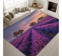 Purple Fade Resistant Printed Rugs Lavender Fields Trees Sunset Flower Sea Durable Rugs Surreal Dreamy Natural Rug Calm Romantic Countryside Non-Slip 60 x 120 cm for Bedroom