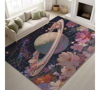 Purple Fade Resistant Printed Rugs Planets Flowers Stars Nebula Durable Rugs Oil painting Anime Rug Starry Sky Dreamy Astronomy Non-Slip 60 x 150 cm for Kids room