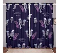 Purple Feather Curtains for Girls Teens Boho Bird Feather Printed Window Drapes Chic Ultra Soft Window Treatments Microfiber Window Curtain (2 Panels, W66*L72)