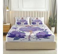 Purple Fitted Sheet Bedding Set, Modern Pastoral Solo Dancer Durable Microfibre for Busy Households, Quick Dry & Cosy, Double (53" x 75"), 30cm Deep Fit + 2 Pillowcases