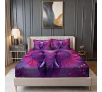 Purple Fitted Sheet for Teenagers Adults Child - Surrealism Animals Elephants Printed Breathable Soft Microfiber Bedding Super King Size, Easy Care Fitted Sheets 30cm Extra Deepd