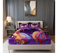 Purple Fitted Sheet for Teenagers Adults Child - Surrealism Cartoons Headphones Printed Breathable Soft Microfiber Bedding Small Double Size, Easy Care Fitted Sheets 30cm Extra Deepd