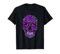 Purple Floral Black Sugar-Skull Flower Day Of The Dead T-Shirt