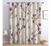 Purple Floral Blackout Curtains for Bedroom Living Room, Beige Flower Curtains 66 x 72, Thermal Insulated Eyelet Window Treatments 72 Drop, 2 Panels Drapes, Home Decor