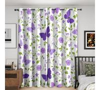 Purple Floral Butterfly Blackout Curtains, 66x72, Botanical Green Leaf Curtains for Bedroom Livingroom, Thermal Eyelet Curtains & Drapes 72 Drop, Window Treatments, 2 Panels M&1046