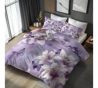 Purple Floral Duvet Cover Sets Double Bedding 3 Piece, Rustic Flower Pattern Reversible Quilt Cover & 2 Pillowcases, Soft Microfiber, Zip, Bedroom Decor & Gifts(P70)
