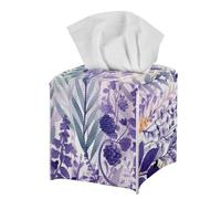 Purple Floral Lavender Tissue Holder Living Room Office Home Decorative Tissue Box Cover Square Fancy Aesthetic PU Leather Tissue Cube Cover for Desk Tabletop Nightstand