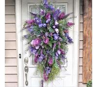 Purple Floral Teardrop Wreath - Artificial Tulip & Lavender Swag for Front Door, Spring/Summer Home Decor