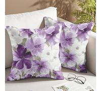Purple Floral Throw Pillow Covers Set of 2 Decorative Watercolor Flowers Sofa Pillow Cases Square Cushion Cover for Couch Bedroom Living Room, Lilac, 18 X 18 Inch