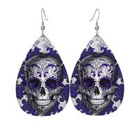 Purple Floser And Sugar Horror Skull Printed Teardrop Pendant Leather Earrings | Lightweight and Versatile Earrings | Suitable for Daily Commute and Date Wear