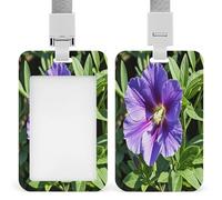 Purple Flower Badge Holder Waterproof Plastic ID Card Badge Holders with Lanyard Vertical Card Case Protector Pouch Clear Window Work Badges for Women Men