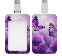 Purple Flower Butterflies Badge Holder Vertical Name Tag Holder Waterproof ID Protector Cover with Durable Detachable Lanyard for Office Factory Teachers