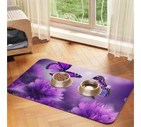 Purple Flower Butterflies Dog Food Mat, Absorbent Pet Feeding Mat for Food and Water Bowls Non-Slip Placement Pad for Floors Waterproof Quick Dry Water Dispenser Mat for Dogs Puppy Cats 16x24 Inch