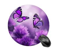 Purple Flower Butterflies Round Mouse Pad, Non-Slip Rubber Base Waterproof Washable, Computer Mouse Mat for Office Gaming Studying, Premium-Textured Durable Portable Circle Mousepad for Desktop PC Not