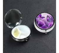 Purple Flower Butterflies Round Pill Box 3 Compartment Cute Travel Pill Organizer Case Portable Medicine Vitamin Organizer Metal Pill Case for Women Men Travel Unique Gift