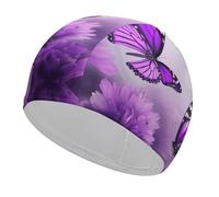 Purple Flower Butterflies Swim Cap Unisex Adult Swimming Cap Non Slip Pool Hat Comfortable Durable Easy to Put On and Off Waterproof Swim Hat Keep Hair Dry