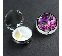 Purple Flower Butterfly Round Pill Box 3 Compartment Cute Travel Pill Organizer Case Portable Medicine Vitamin Organizer Metal Pill Case for Women Men Travel Unique Gift