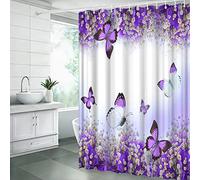 Purple Flower Butterfly Shower Curtain White Blooming Gypsophila Flower Butterfly Spring Plant Nature Dreamy Bathroom Decor Fabric Shower Curtain with Hooks