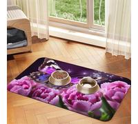 Purple Flower Butterfly2 Dog Food Mat, Absorbent Pet Feeding Mat for Food and Water Bowls Non-Slip Placement Pad for Floors Waterproof Quick Dry Water Dispenser Mat for Dogs Puppy Cats 16x24 Inch