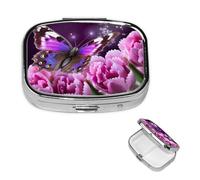 Purple Flower Butterfly2 Square Metal Pill Box 2 Compartment Cute Travel Pill Organizer Case Portable Medicine Vitamin Organizer Pill Case for Women Men Travel Unique Gift