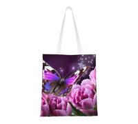 Purple Flower Butterfly2 Tote Bag For Women,Canvas Shoulder Bags With Pockets Shopping Bag Cute Reusable Grocery Bags