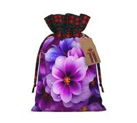 Purple Flower Color Blocked Linen Drawstring Gift Bag, Reusable Gift Bag