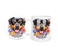 Purple Flower Floral Girls Rottweiler Puppy Name Personalised Personalized Ceramic Coffee Mug 11oz Durham Tea Mug Gift Set Round Square Coaster Cup Handle Dishwasher Safe Custom Printed Design