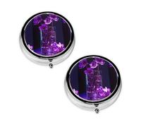 Purple Flower Print Pill Box 3 Compartment Medicine Pill Case,Portable for Pocket Or Purse Pill Organizer Decorative Metal Medicine Vitamin Organizer Unique Gift