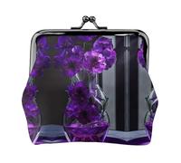 Purple Flower Print Print Coin Purse for Men Women Leather Kiss Lock Small Pouch Coin Wallet