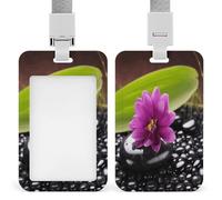 Purple Flower with Black Stone ID Badge Holder Waterproof Card Protector Push-Pull Slot Work ID Card Holder with Lanyard Personalized Detachable Card Holders for Office Corporate Use