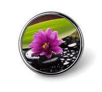 Purple Flower with Black Stone Round Alloy Clothing Brooch | 1 Inch Sturdy Metal Lapel Pin Decorative Apparel Badge, Smooth Polished Wearable Ornament for Jacket Blazer Coat Shirts